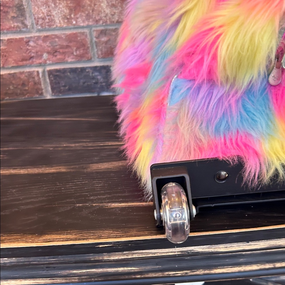Justice Girls Emoji Fuzzy Rainbow Rolling Carry On Luggage bag light up wheels - Picture 4 of 9